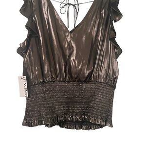 Nine West L Brown Ruffled Smocked Blouse NWT